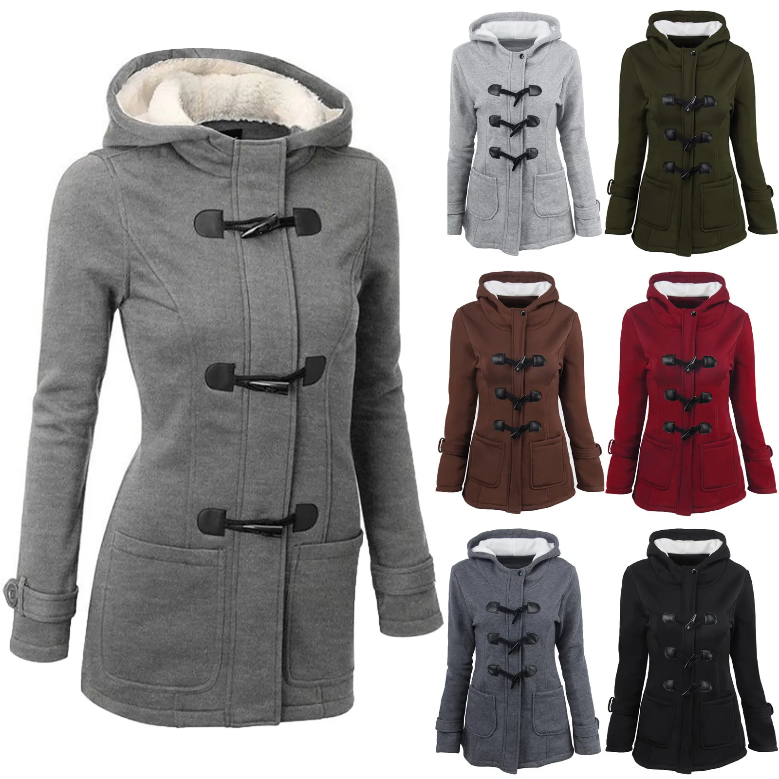 

Fashion Women Winter Warm Solid Colors Horn Buttons Cardigan Long Sleeve Hooded Long Coat Jacket Overcoat Chaqueta Mujer