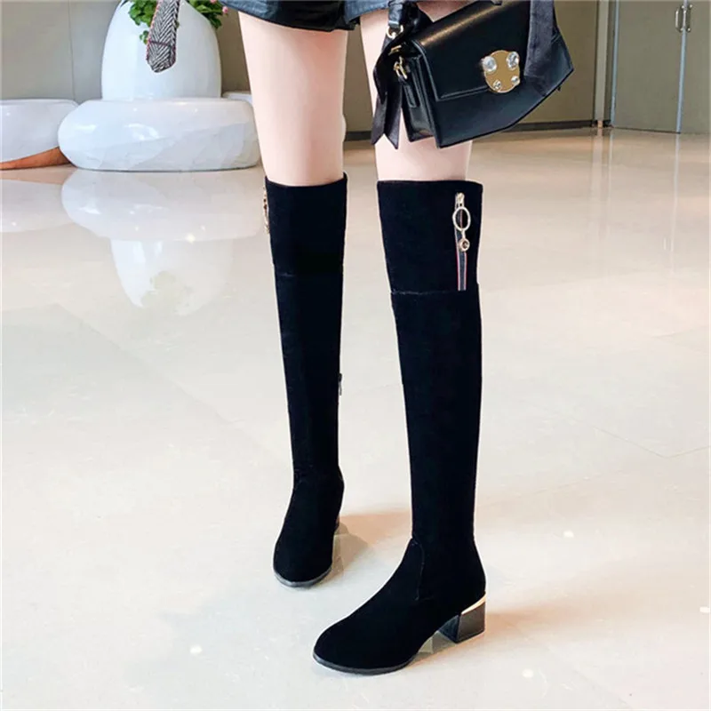34-42 Сапоги выше колена на каблуке большие размеры женские высокие сапоги черные
