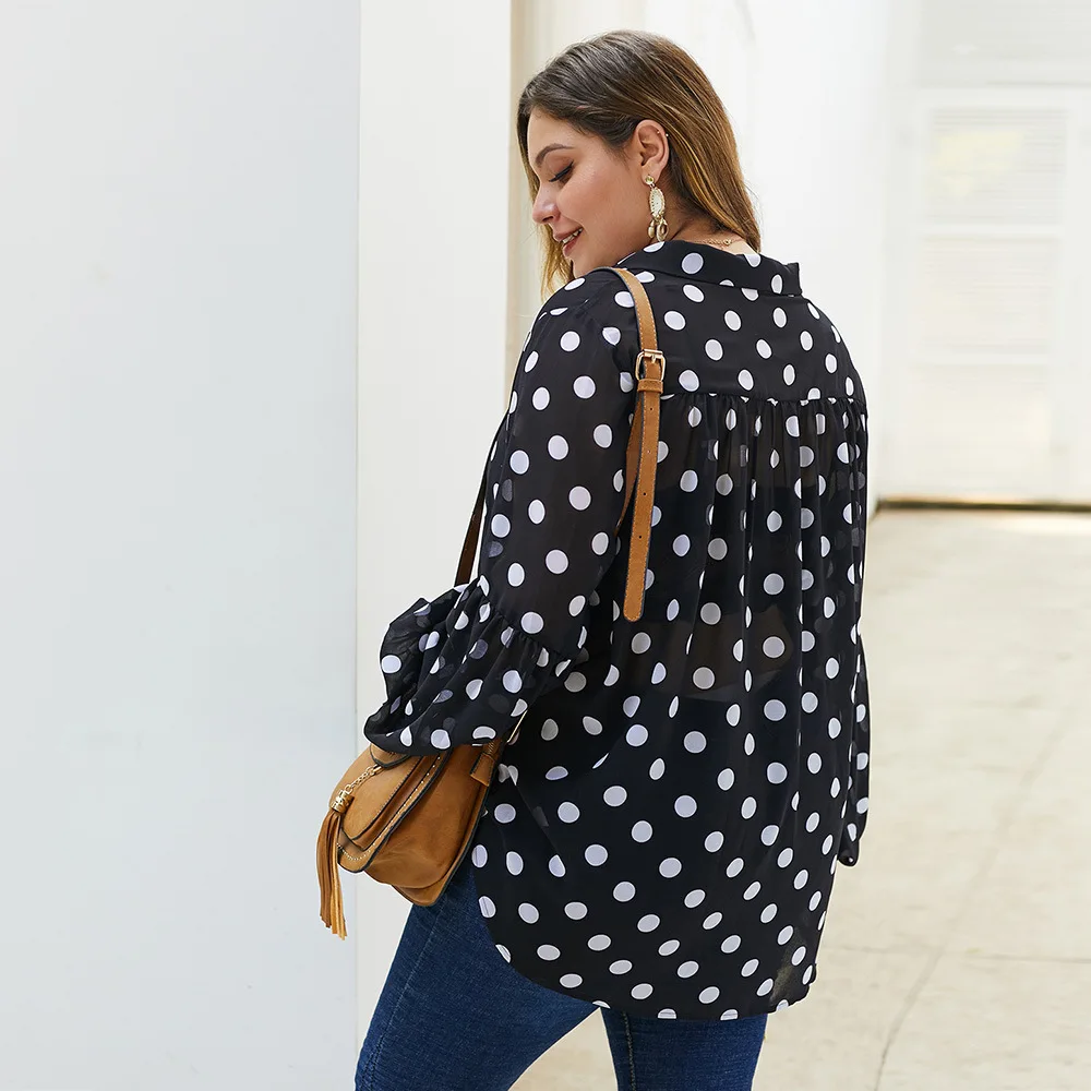 

Original Plus Size Women's 2021 Autumn Causual V Neck Polka Dot Long Sleeve Top Ladies Oversize All Match Fashion Blouses