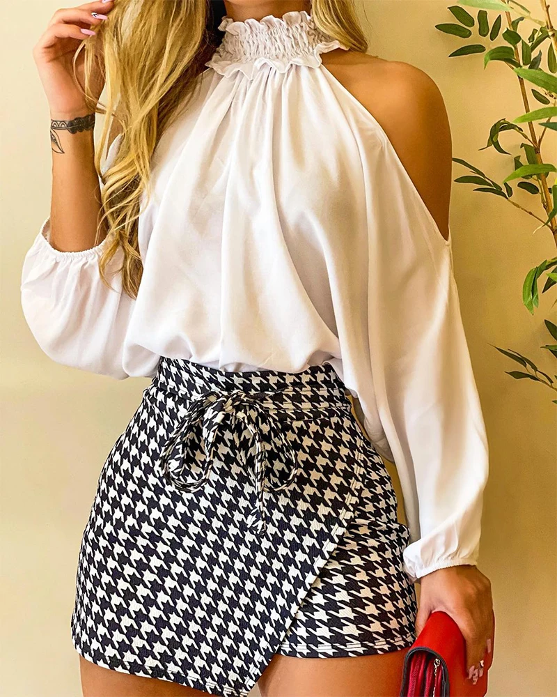 

2021 new shirt design sensual off-shoulder top + houndstooth irregular short skirt two-piece Korean sexy fashion casual suit