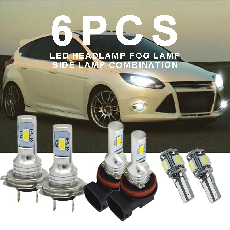 

6pcs 100W LED Xenon Headlight Bulbs W5W 501 T10 Fog Light Car Side Light Fit H11 H7 For Ford Focus MK3 2011-2018