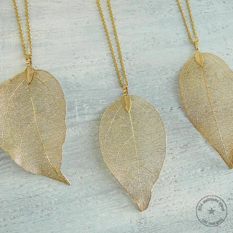 Ожерелье из нержавеющей стали с натуральными листьями подарочное ювелирное