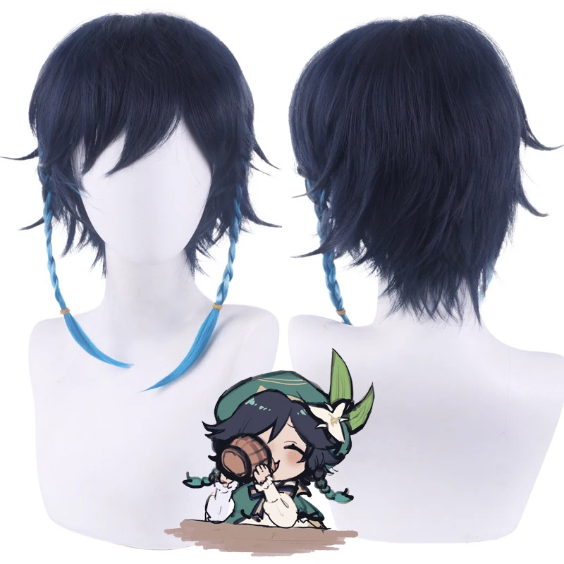

Парик «Венти» для косплея аниме Genshin ударопрочный, зеленые короткие плетеные термостойкие синтетические волосы с градиентом, Хэллоуин, 50 см...