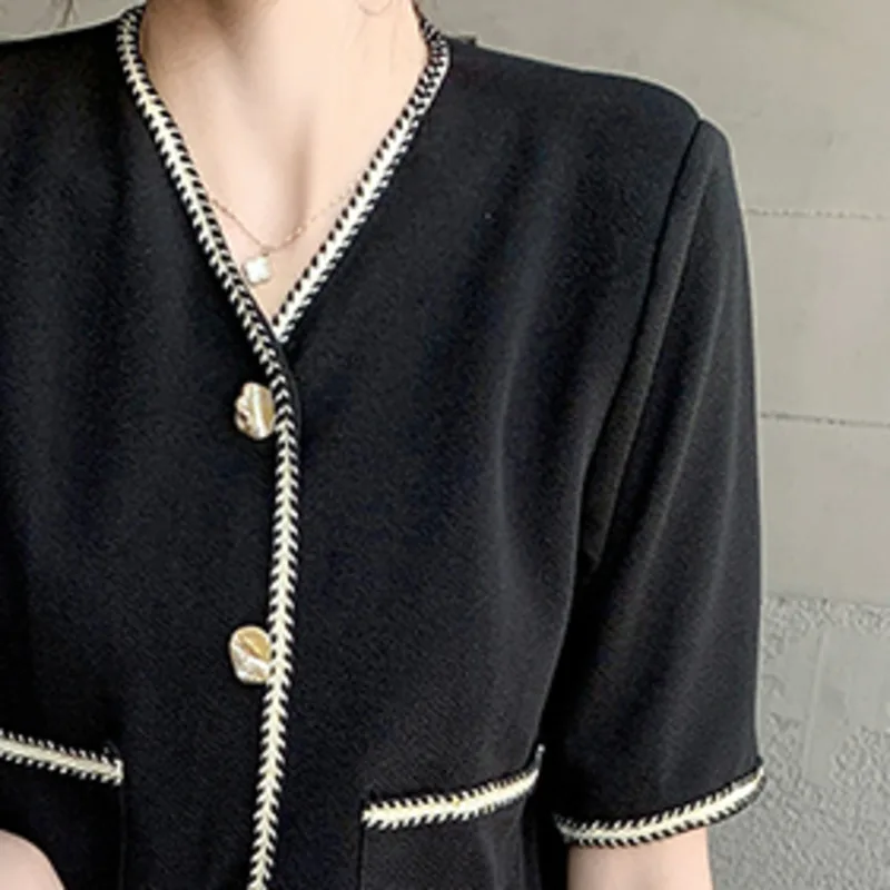 

2021 Summer Small Fragrant Skirts Suits Fashion V-neck Shirt + Flocking Print Black Skirt Ensembles Femme Two Piece Sets Women