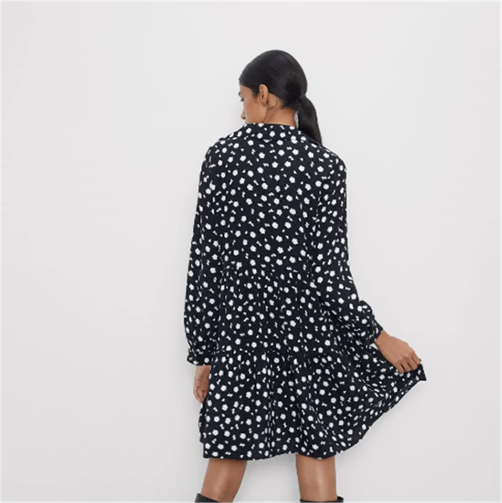 Женское мини платье с принтом ZA богемное отложным воротником и длинным рукавом