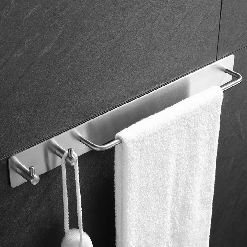 

Self-Adhesive Brushed Finish Stainless Steel Towel Bar Rack with Hook Bathroom Hand Bath Towel Holder Storage Organizer