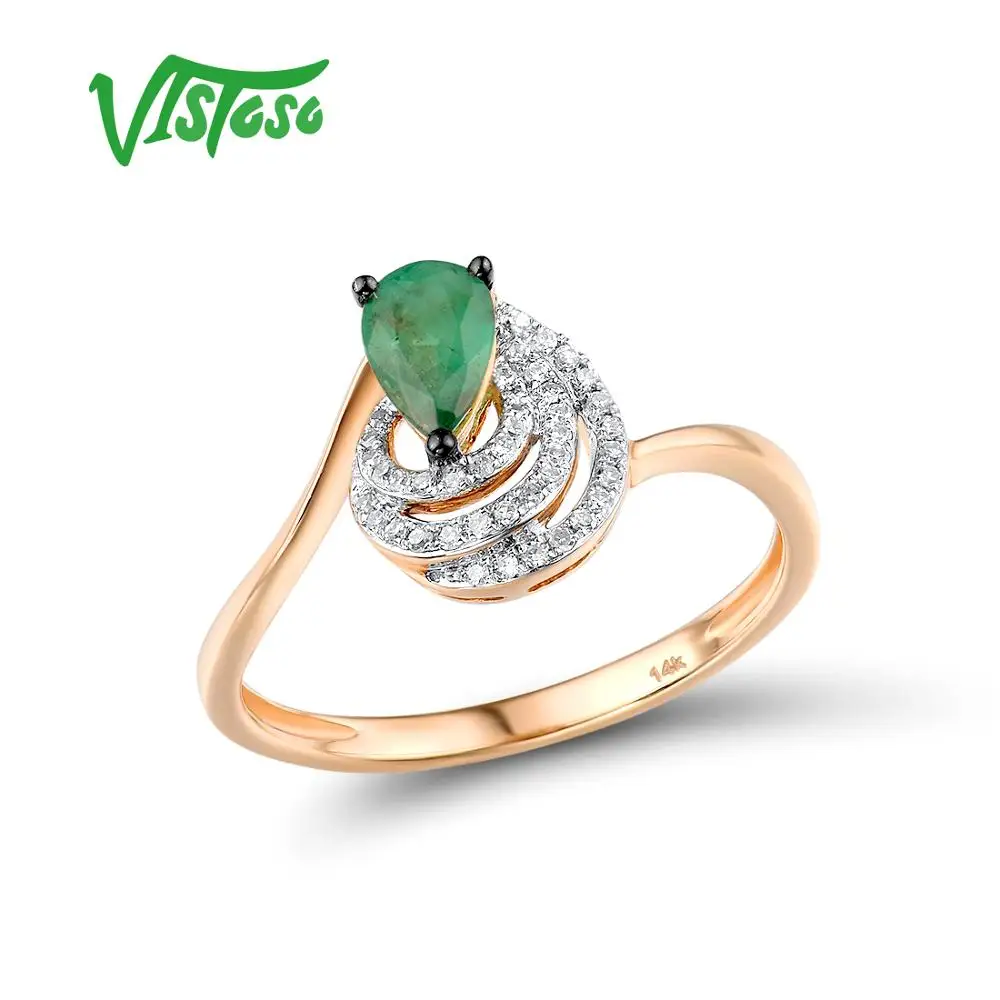 

VISTOSO Gold Rings For Women Genuine 14K 585 Rose Gold Ring Pear Emerald Sparkling Diamond Engagement Anniversary Fine Jewelry