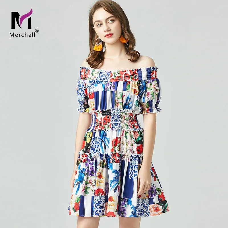 

Merchall 2021 Fashion Holiday Slash Neck Elastic Waist Dress Woman Off Shoulder Ruffled Floral Print Summer Beach Vestido M7370
