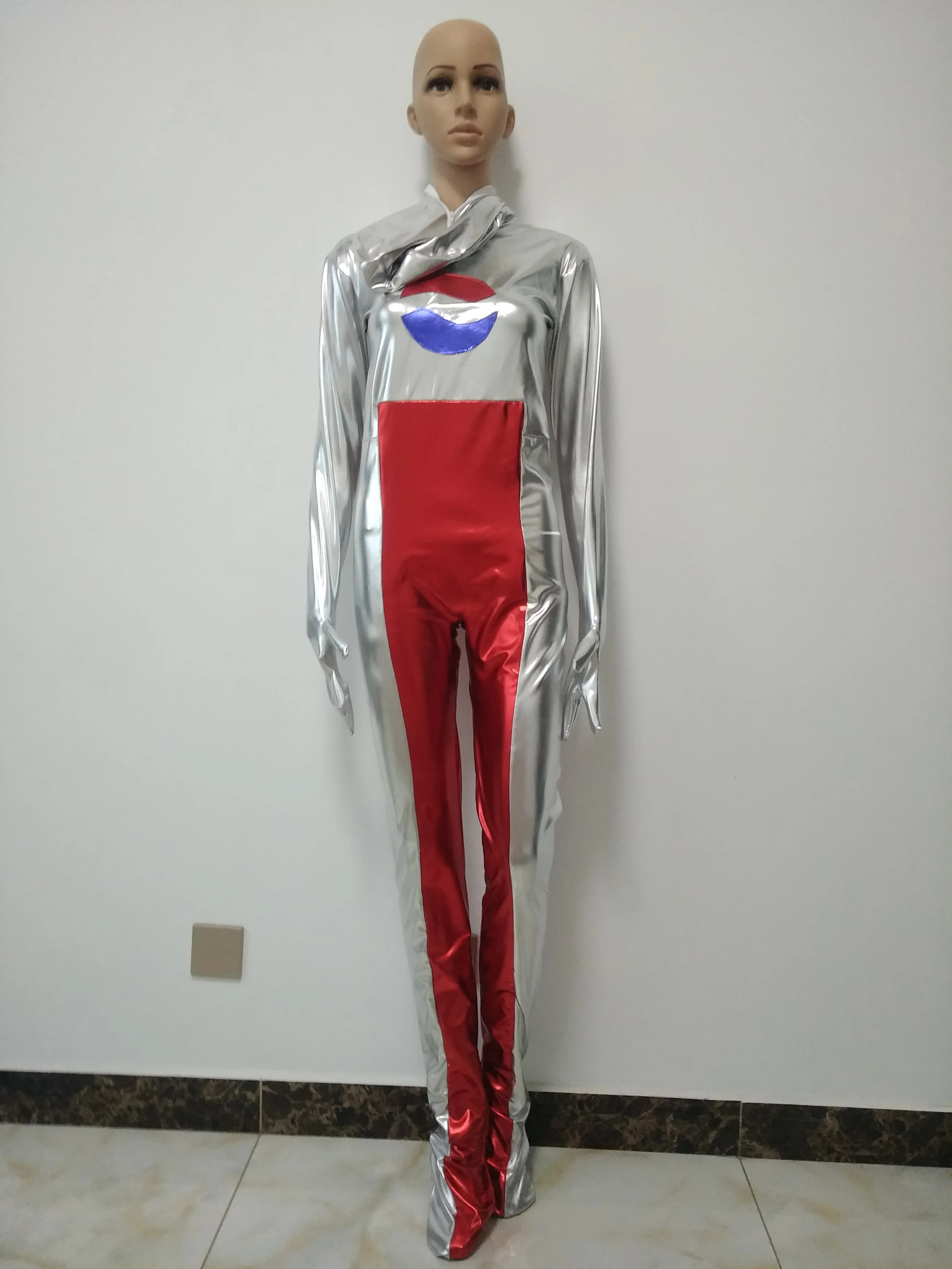 

Women‘s Red and Silver color Shiny Metallic Cosplay Costume Zentai Halloween Suit for men kids
