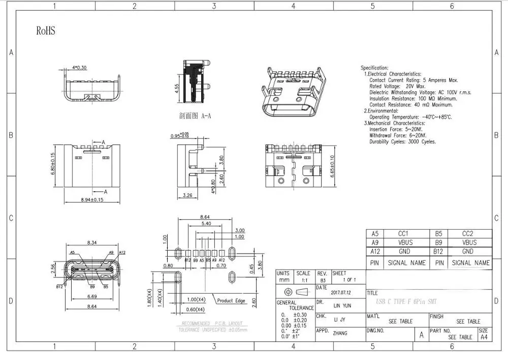 10 шт./лот 6 Pin SMT разъем Micro Тип USB C 3 1 женского размещения SMD DIP для PCB дизайна DIY