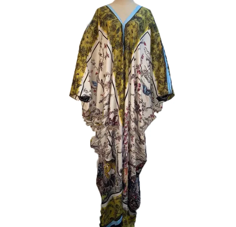 

African dresses for women 2020 fashion V-neck printed Silk kaftan long dress Sexy Bohemian kaftan lady kaftan dress