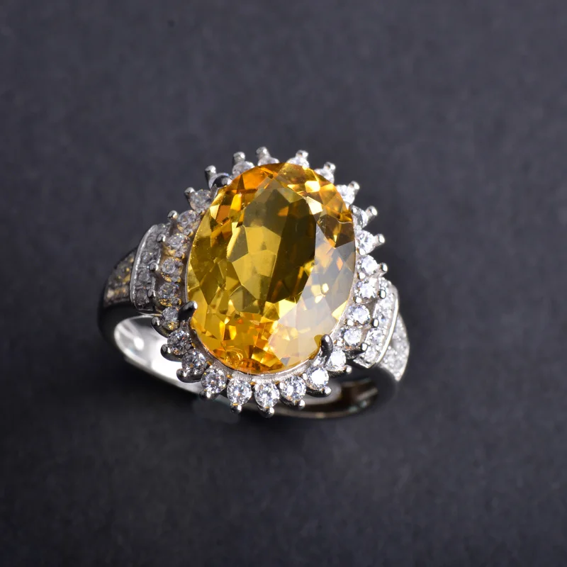 Кольца женские регулируемые из серебра 925 пробы с желтым кварцем 10 х14 мм CSJ для