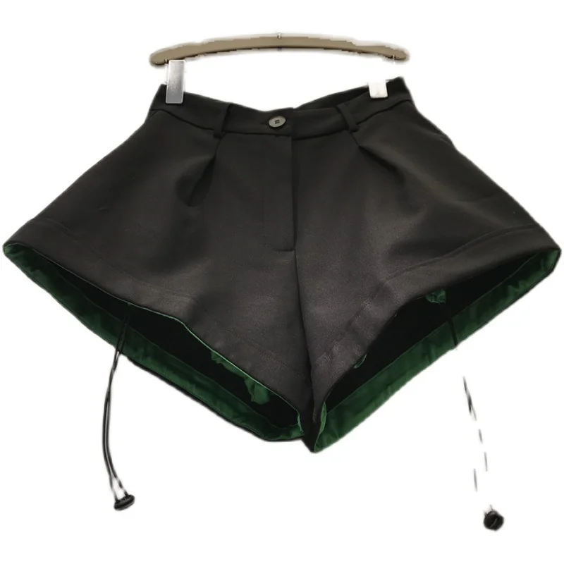 

High Waist Wide Leg Shorts for Women 2021 Autumn New Satin Contrast Color Drawstring Slimming Flare Short Femme Nancylim