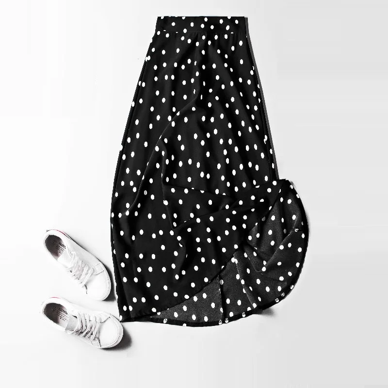 Chiffon Polka Dot Women Long Skirts 2021 Summer High Waist A-line Knee-length Office Lady Elegant Holiday Vintage Beach Skirt