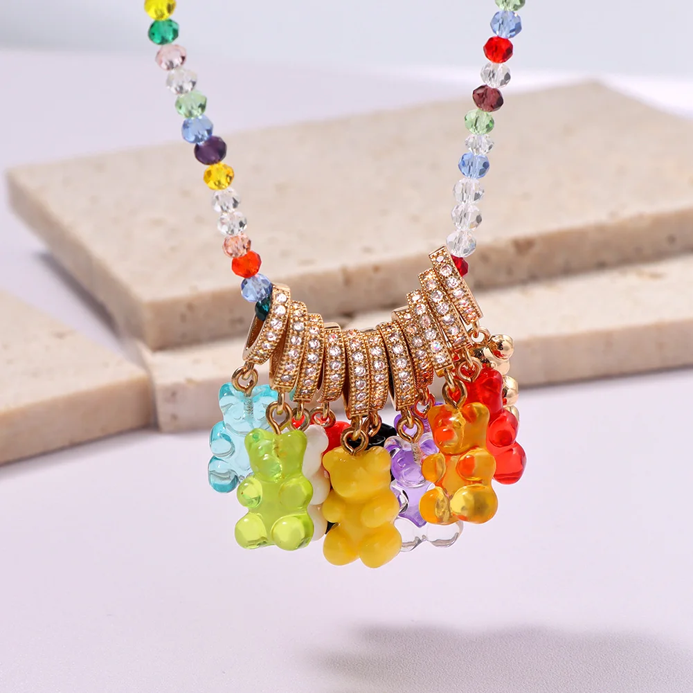 

Kpop Candy Color Gummy Bear Zircon Charm Crystal Beaded Necklace For Women Resin Bear Transparent Beads Chain Necklaces Jewelry