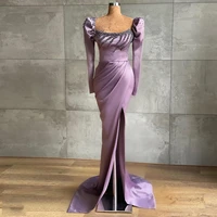 elegant satin mermaid prom dresses crystal beaded long sleeves high split formal evening party pageant gowns robe de mari%c3%a9e