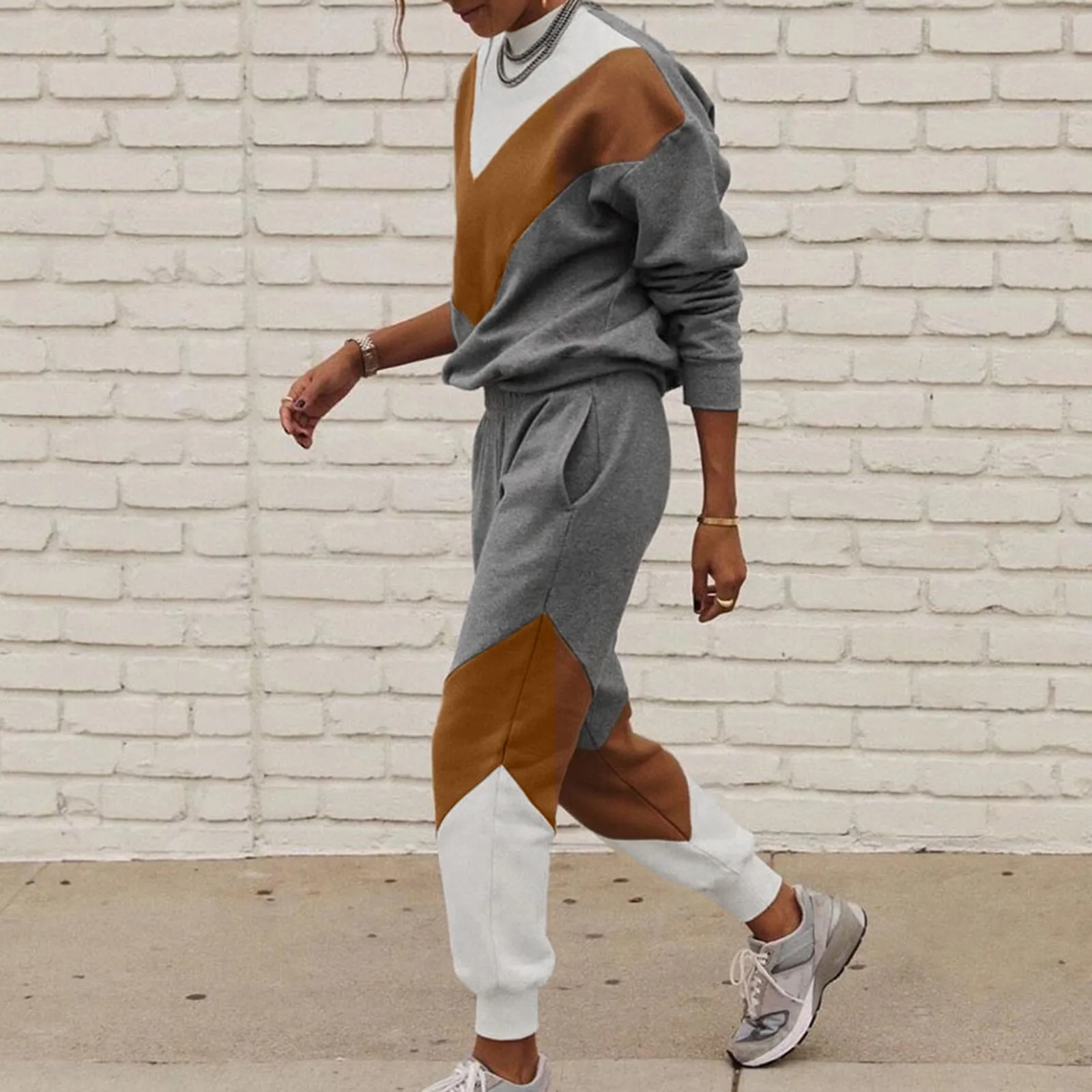 

Fashion Women Winter Stitching Color Tracksuit Long Sleeve Loose Trousers Suit Two Piece Set Lounge Clothing Толстовка Женская