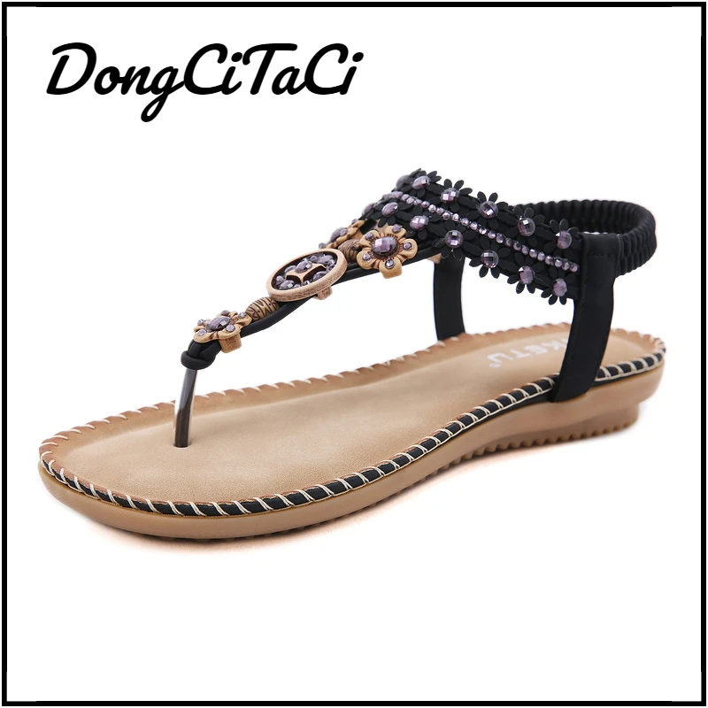 

DongCiTaCi Women's Sandals Bohemia Flat Sandals Flip-Flop Shoes For Women String Bead Retro Beach Flower Crystal Woman Sandales