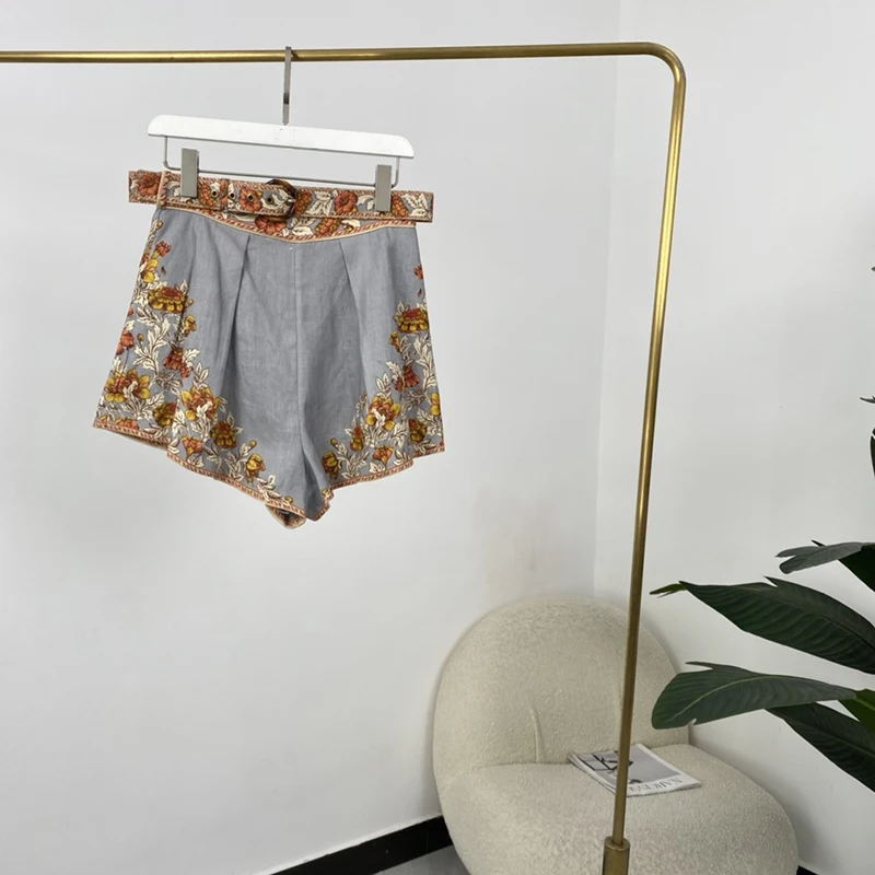 

100% Linen Shorts Blue Gray Women Fashion Top Quality Orange Yellow Floral White Leaves Printing with Belt
