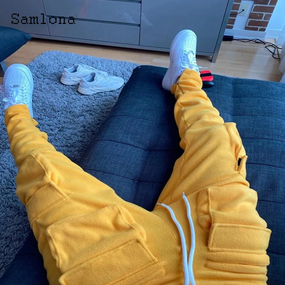 

Samlona Mens Cargo Pants 2021 Summer Hip Hop Pants Male Drawstring Pockets Trouser New Solid Khaki Black Outdoor Leisure Pant