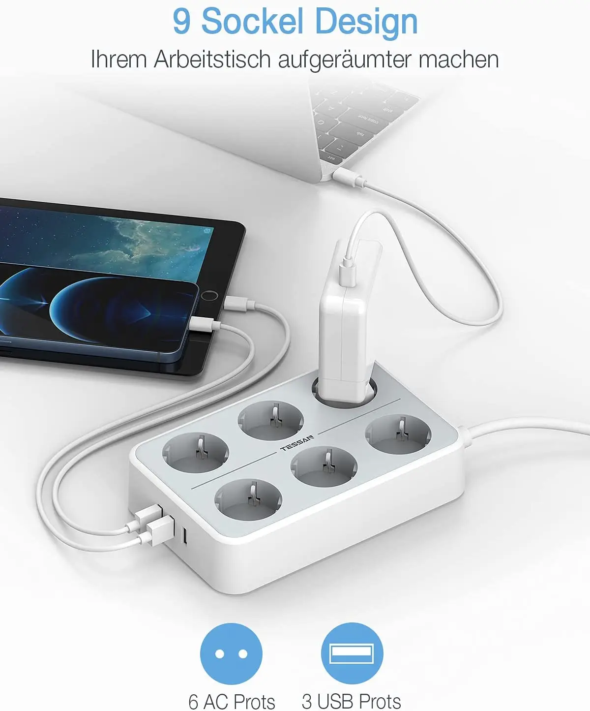 Настенный удлинитель с 2 м кабелем 6 розеток 3 USB порта|Вилки розеткой| |