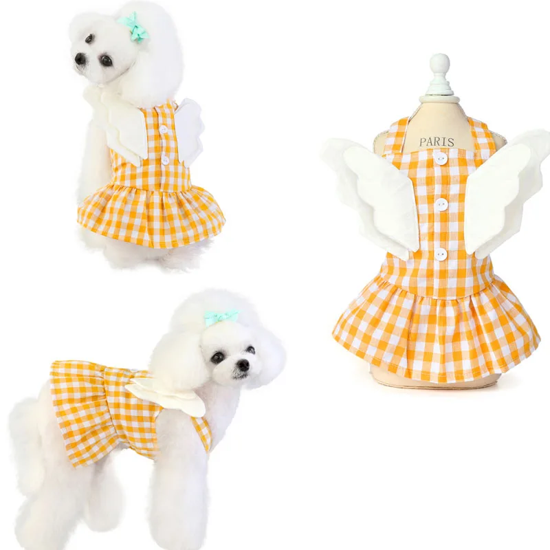 

Plaid Dog Clothes Party Dress Girls Cat Dress With Angle Wing Summer Sexy Sling Dresses For Small Dogs Puppy Skirt Pet Apparel