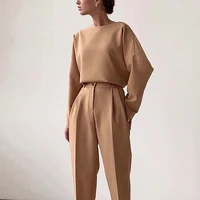 casual pants suit women 2021 fashion long sleeved round neck t shirt top autumn elegant solid color pleated slim trousers office