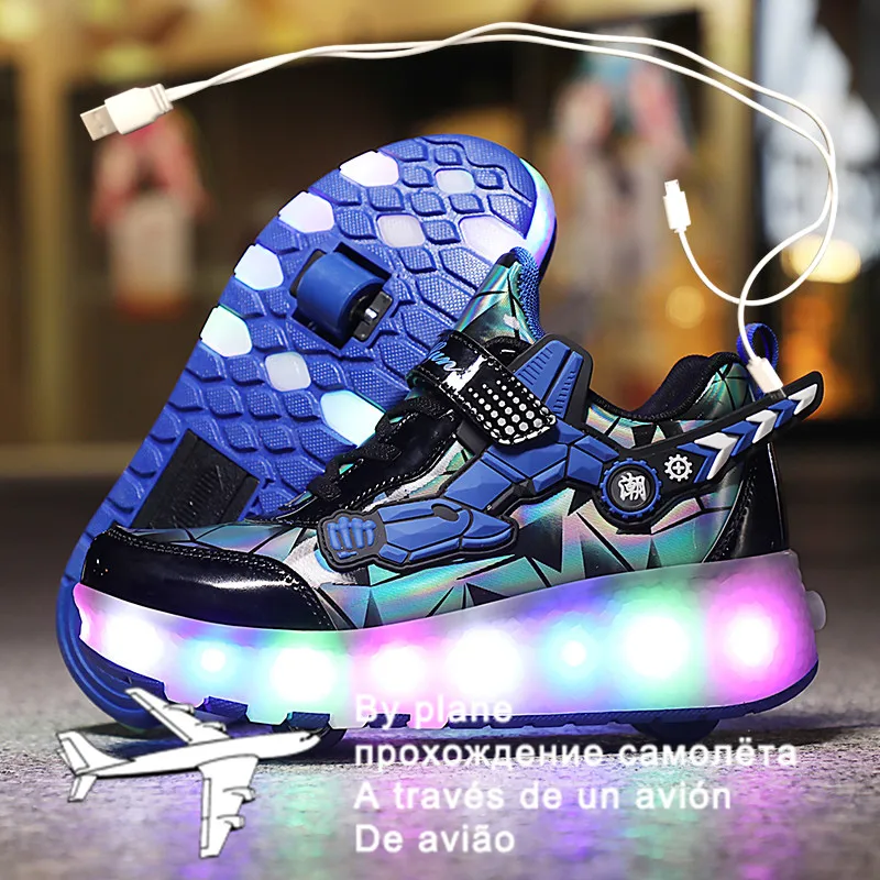 

3 Colors Children Single / Double Wheels Glowing Sneakers USB Charging Led Luminous Shoes Boys Girls Roller shoes Good Gifts