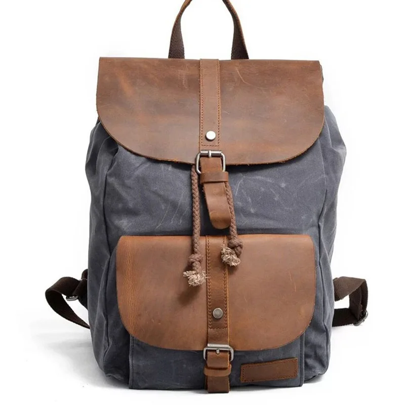 Vintage Leather Canvas Backpack Men Laptop Bag College School Bookbag Shoulder Bag Large Capacity Waterproof Travel Rucksack