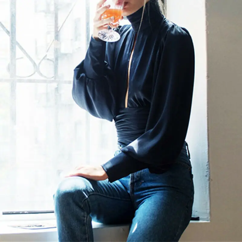 Meihuida Женская пикантная офисная блузка свободная с длинным рукавом Водолазка