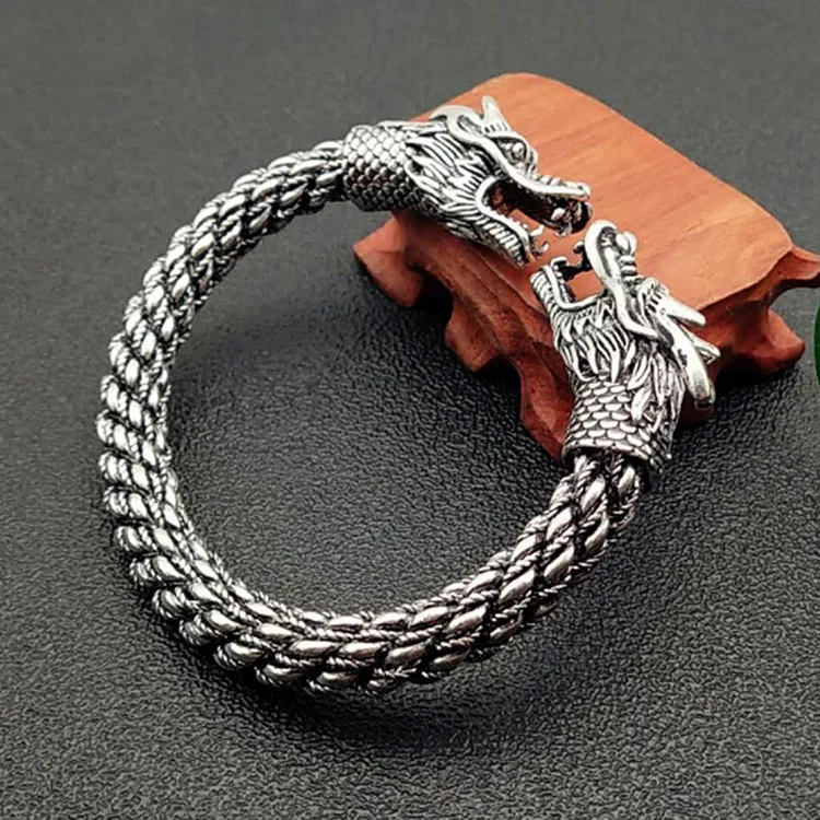 Античный браслет из серебра 925 пробы с двойным драконом тибетского