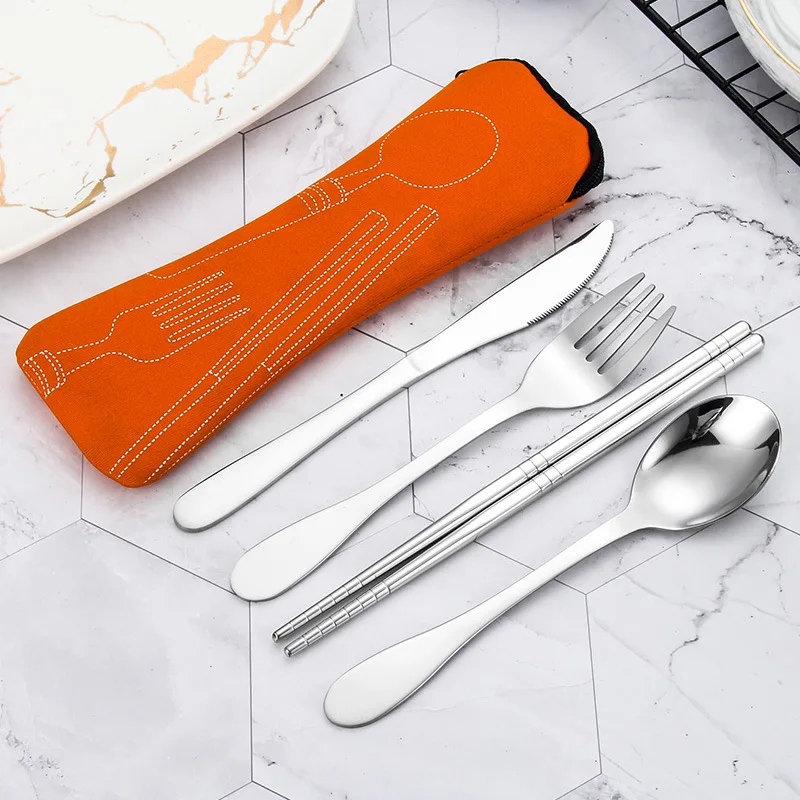 

4 Pcs/Set Stainless Steel Fork Spoon Chopsticks Travel Ourdoor Camping Cutlery Tools portable spoon set Tableware Bag Spoon Set