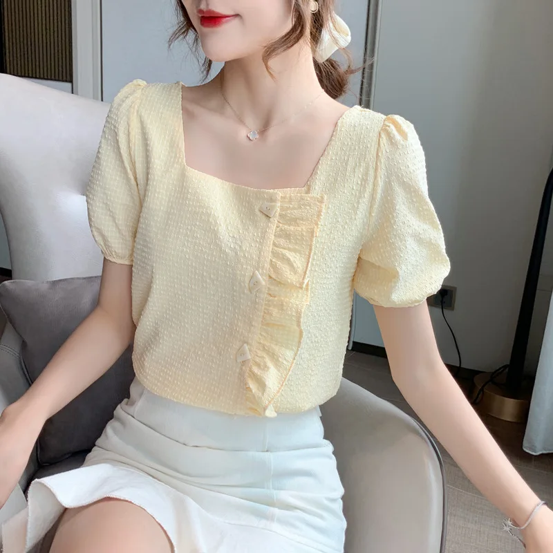 

2020 Summer Women's Ruffle edge Chiffon Blouses Female Casual Style square neck Shirt Puff Sleeve Sweet Solid Color Blouse