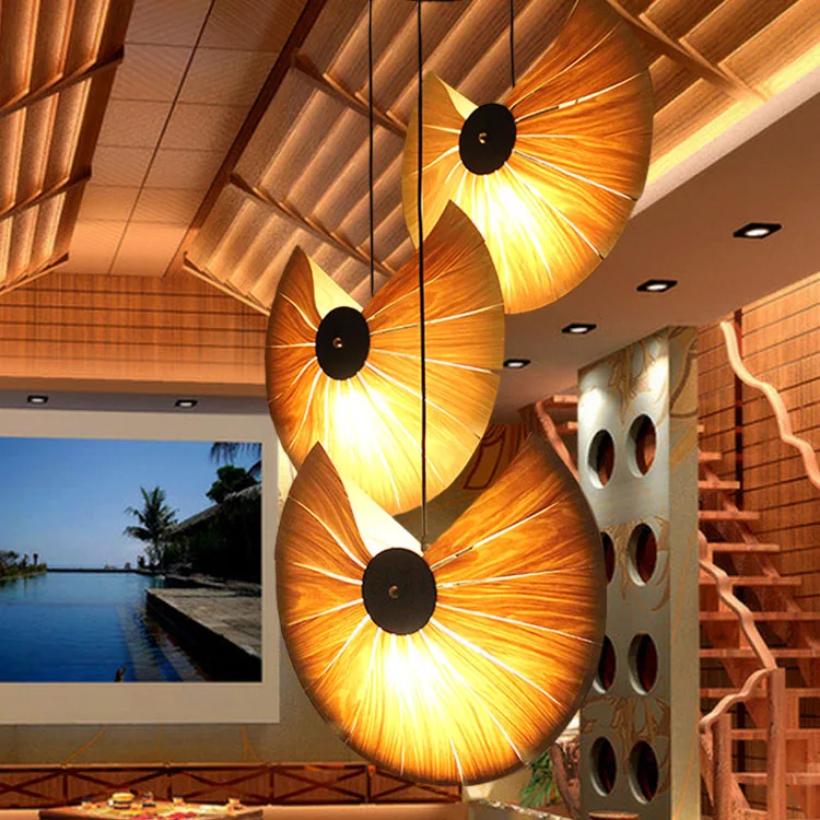 

Подвесные светильники в китайском стиле из Юго-Восточной Азии, деревянный шпон, лампа для гостиной, ресторана, столовой, подвесные светильн...