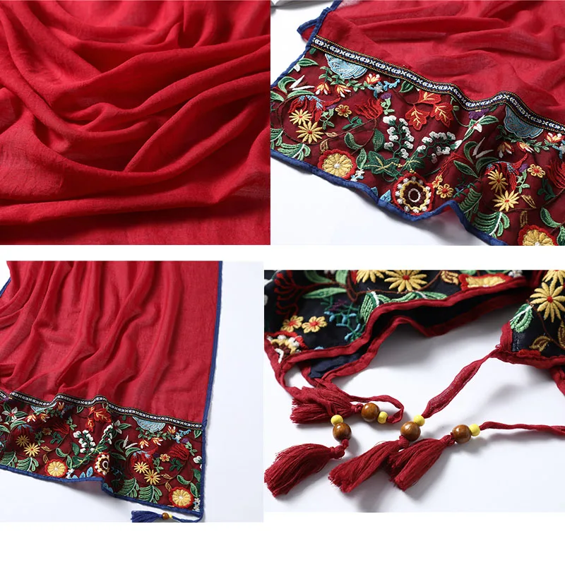 Винтажные хлопковые красные женские шарфы осень-зима с цветочной вышивкой мусульманский хиджаб шарфы для девушек с кисточками пашмины шаль обертывания