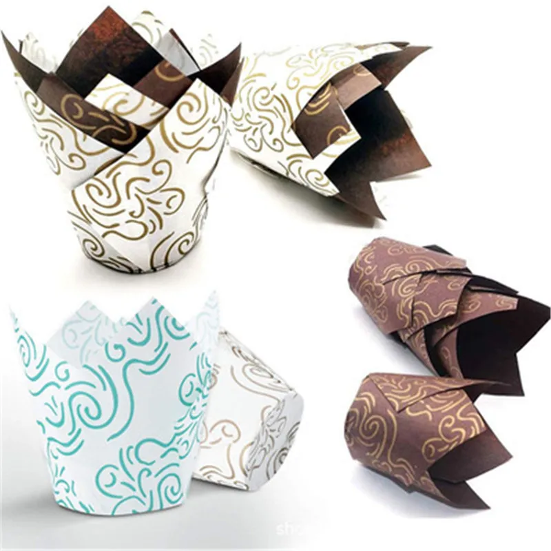 

50Pcs Coffee Gold Tulip Muffin Paper Baking Cups For Wedding Mermaid Birthday Wrappers Liner Cake Cups Patisserie Cupcake