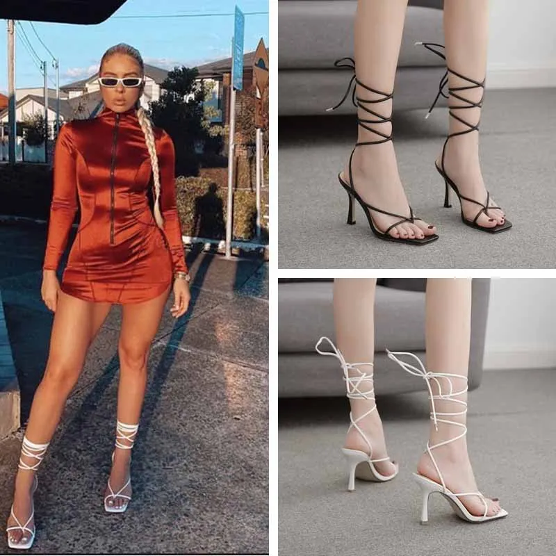 

2021 Spring Summer Women Sandals Adult Lace-up Female Slippers Fashion Sexy Pumps High Heel Black Ankle strap Dress Lady Shoes