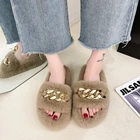 Симпатичные домашние туфли, плюшевые сланцы с металлической цепочкой, однотонные удобные теплые Шлепанцы из искусственного меха, без застежки, на плоской подошве, модные зимние повседневные Тапочки