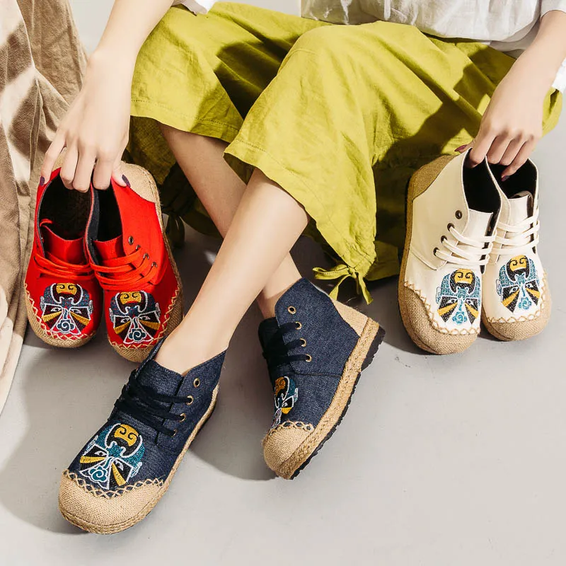 

Embroidery Women's High Top Linen Sneakers Woman Ethnic Lace-up Embroidered Flat Platform Shoes Thick Hemp Casual Shoes Size 40
