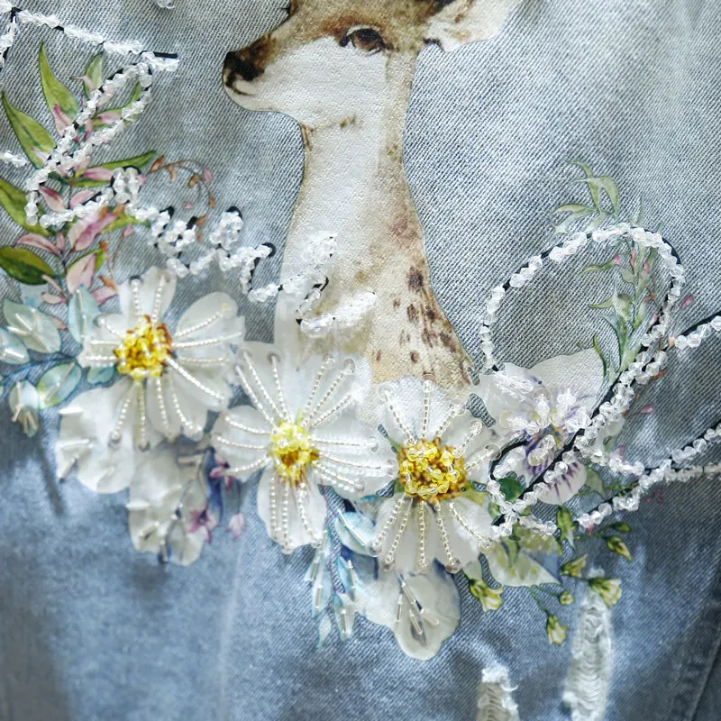 

Embroidered Denim Jackets V-Neck Turn-Down Collar Loose Beaded Vintage Hole Female Lady Jackets Outwear Coat Tops