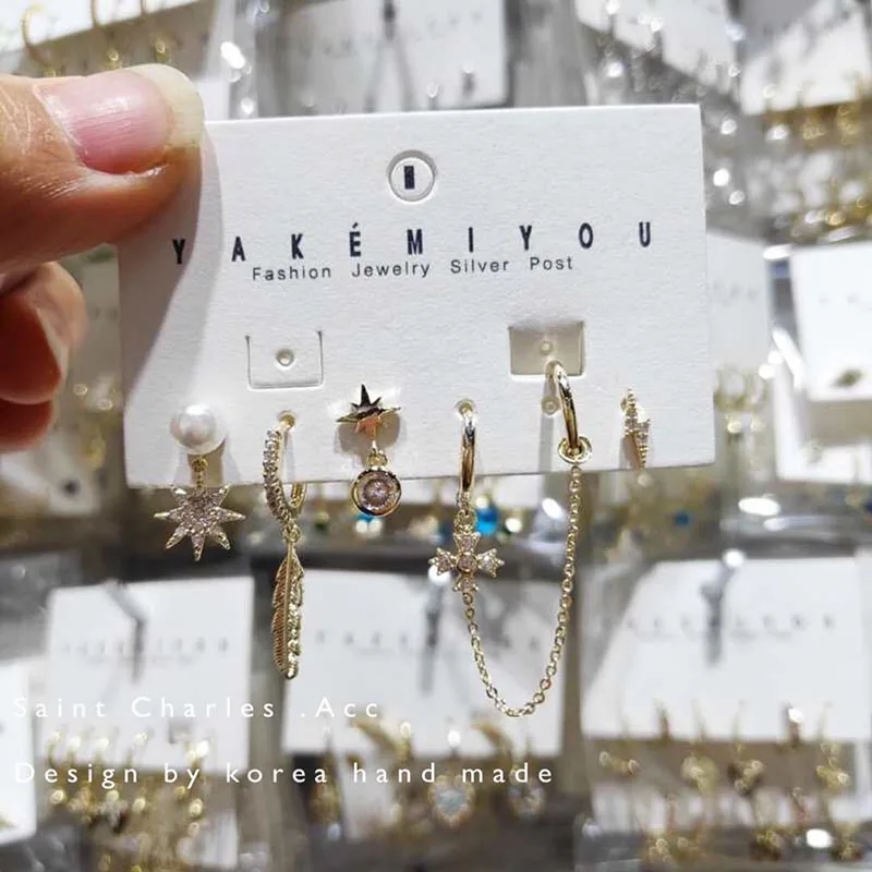 

New women earrings eight-pointed star feather stud earrings gold color long chain style hoop earrings Japanese Korean trend
