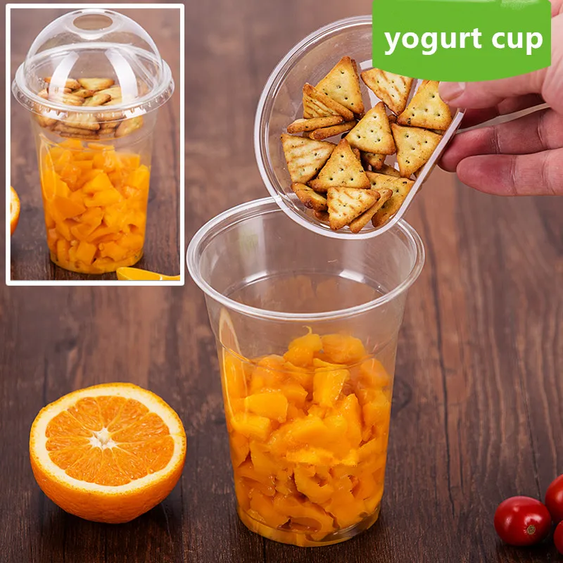 

50pcs PET transparent disposable jucie cold drink plastic cups 12oz 375ml yogurt snack fruit takeaway packaging cup with cover