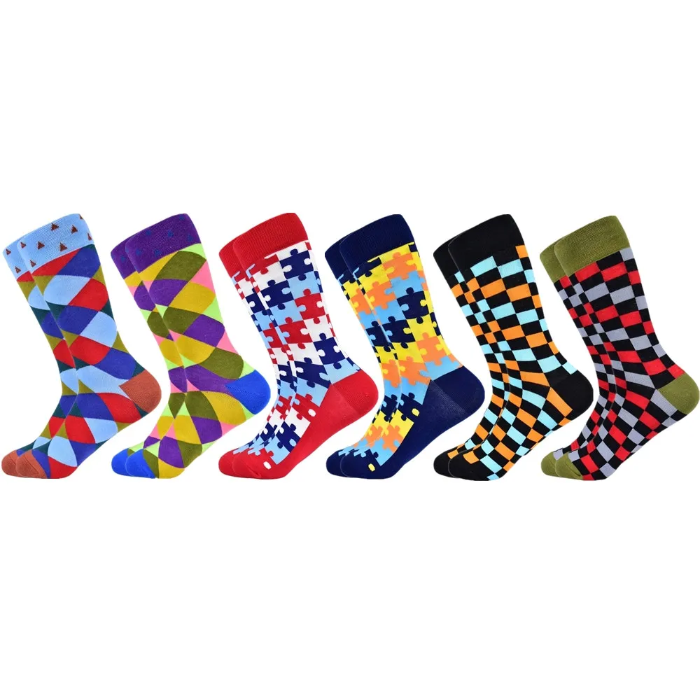 6 pairs socks-7 Популярные мужские носки из чесаного хлопка подарки для мужчин клетчатые геометрические повседневные мужские носки Цветные счастливые мужские носки - Цвет: 6 pairs socks-7