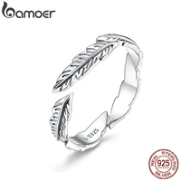 bamoer 100 pure 925 sterling silver boho style feather free size adjustable finger rings for women vintage fine jewelry scr517