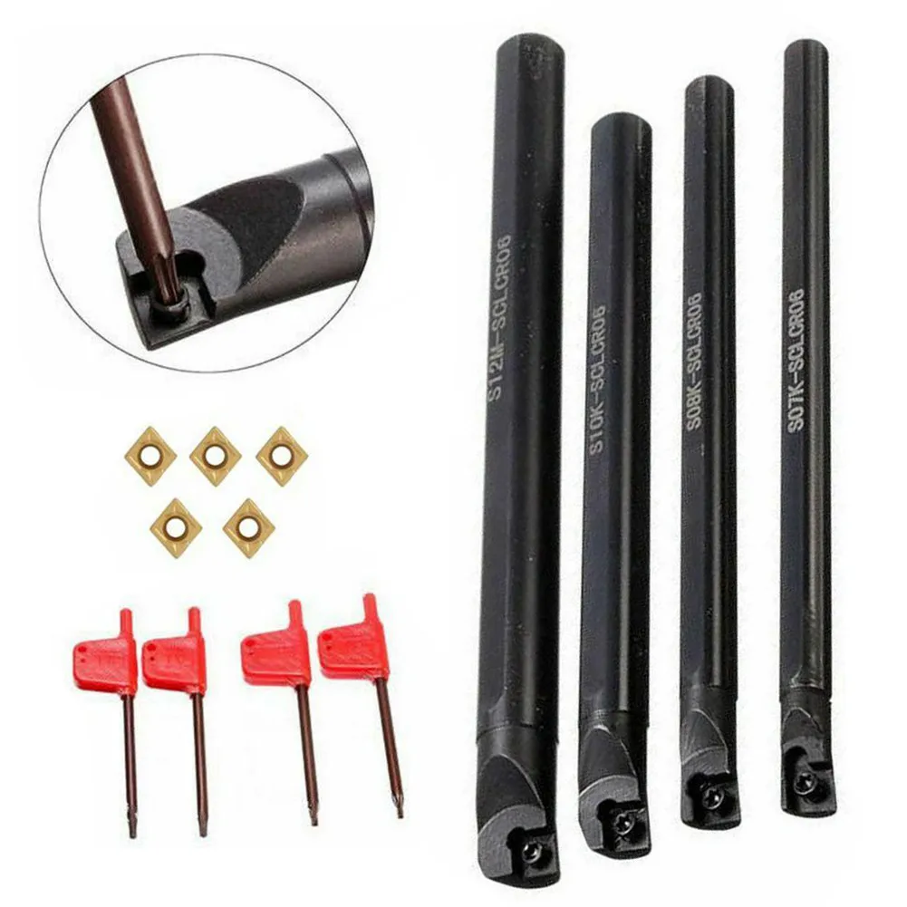 

7/8/10/12mm SCLCR06 Lathe Boring Bar Turning Tool Holder + Wrench 5x CCMT0602 For Boring And Face Cutting