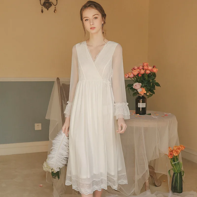 

Romantic Nightdress Women 2021 Summer New French Court White Princess Sleeves Nightgown Sweet Sexy V-neck Silk Thin Fairy Nighty