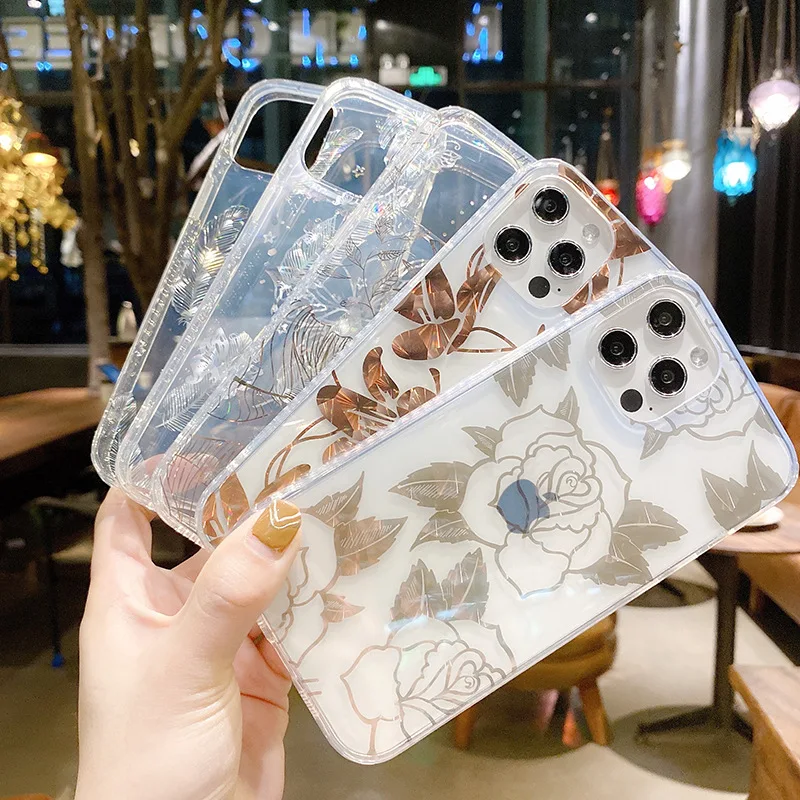 

For iPhone 12 Pro Max Cases Luxury Plating Flower Leaves Phone Case For iPhone 11 Pro Max XR XS Max 7 8 Plus Clear Bumper Cover