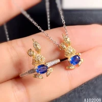 kjjeaxcmy fine jewelry 925 sterling silver inlaid natural sapphire lovely rabbit ring necklace pendant set support test