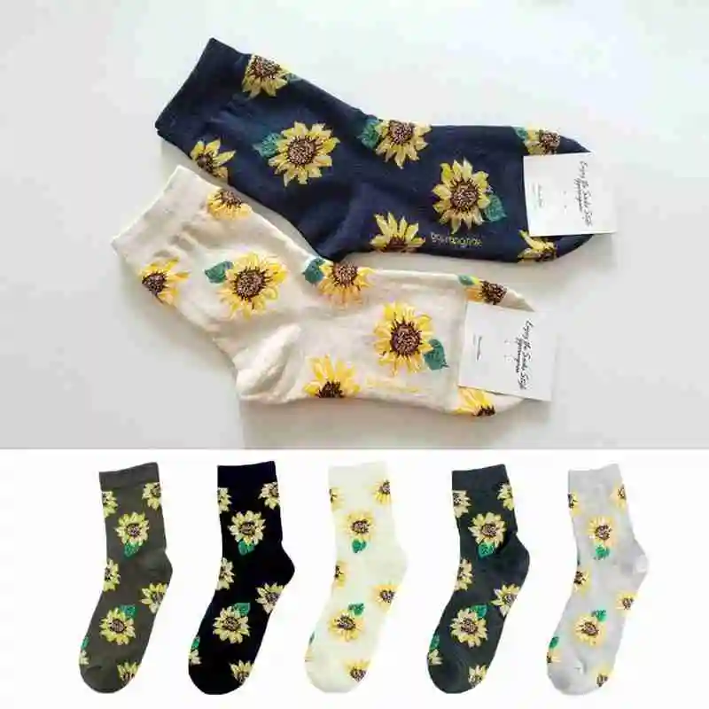 

Fashion Women Sunflower Print Cotton Socks Korean Creative Sun Art Socks Flower Harajuku W6M8