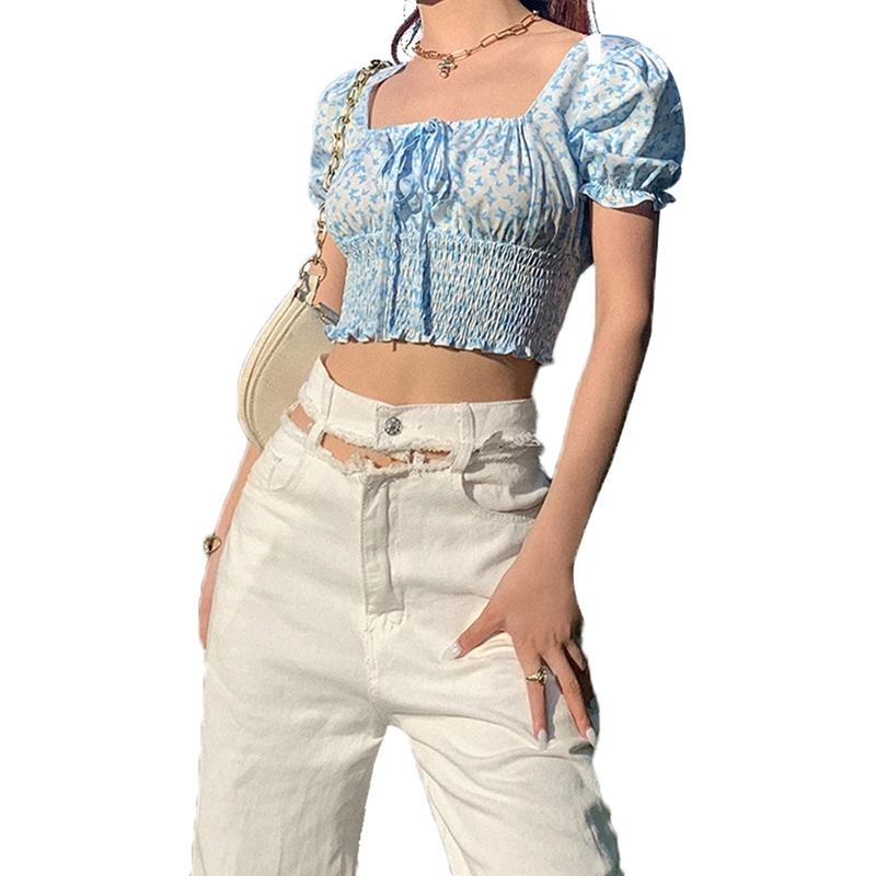 Женская летняя одежда с цветочным принтом милые рубашки коротким рукавом модная